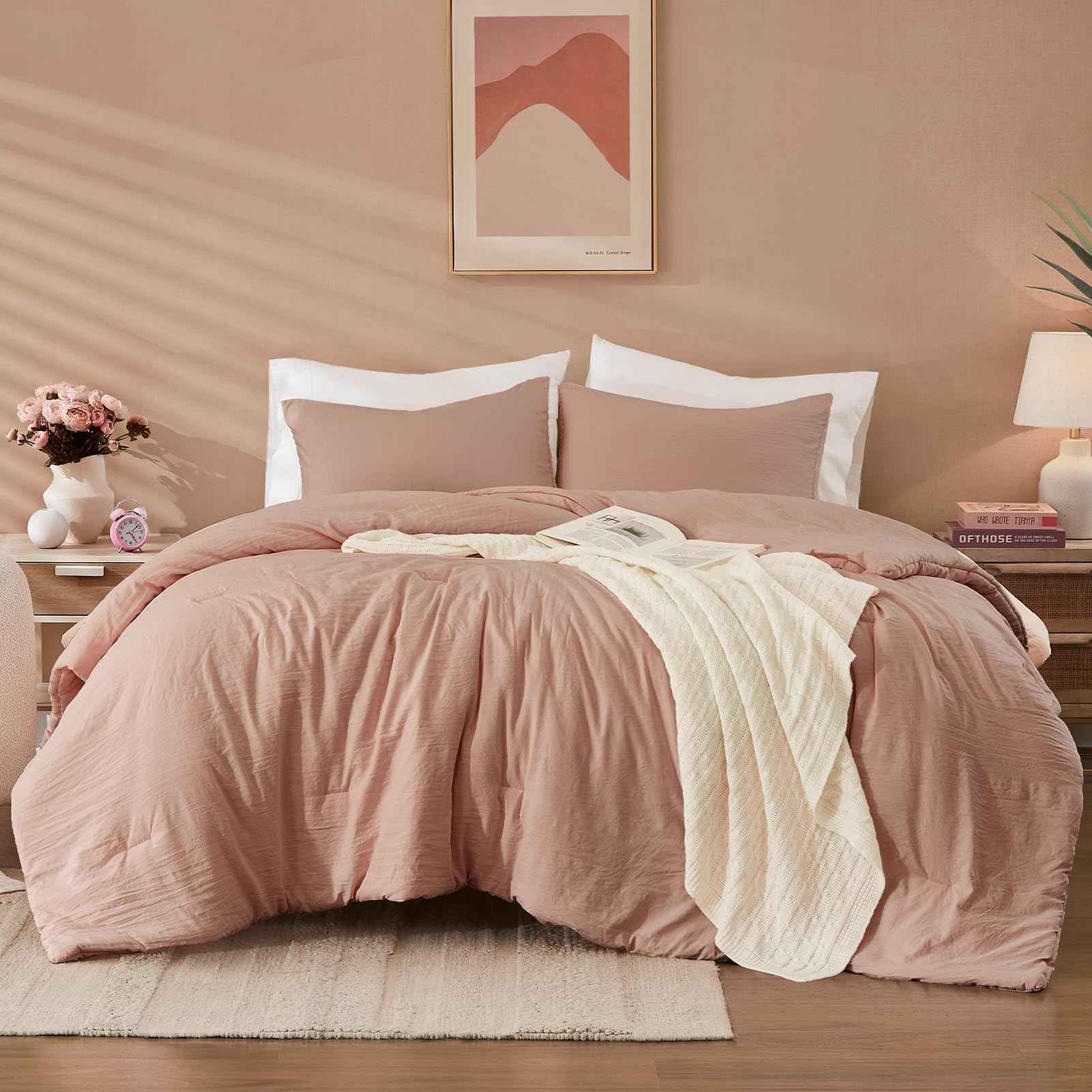 Wrensonge Queen Size Comforter Sets, Dusty Pink 3 Piece Soft Fluffy Queen Comforter Set (1 Queen Comforter With 2 Pillow Shams)